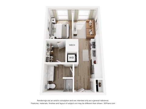 A 3D floor plan of a small apartment with a kitchen, living room, and bathroom.